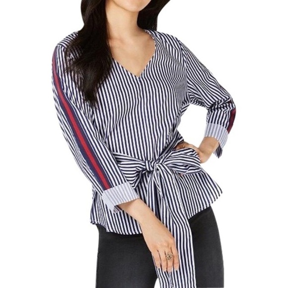3/$25 🙌🏼 Almost Famous Striped Tie Blouse L - Picture 1 of 5
